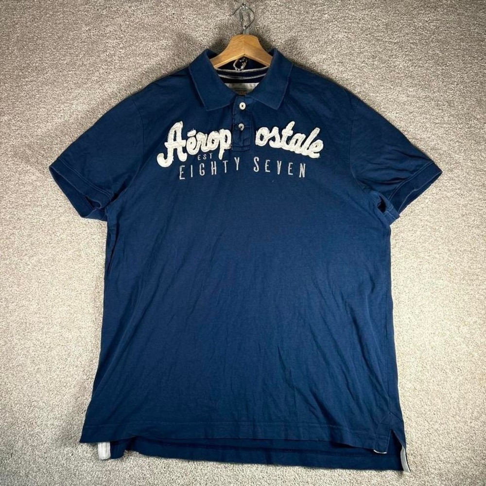 Y2K men's Aeropostale blue stitched lettering grunge skater polo shirt Size XL